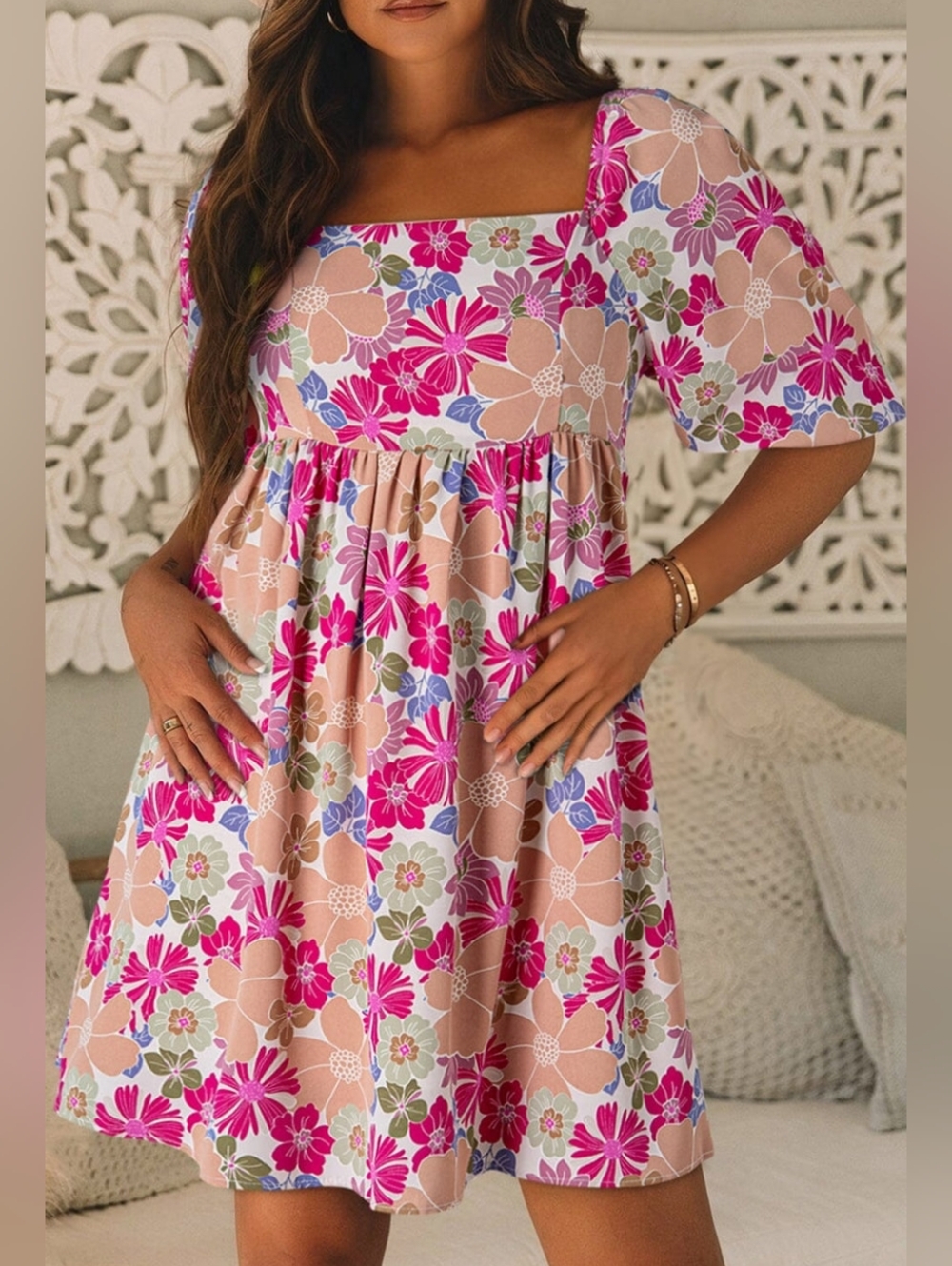 Floral Square Neck Babydoll Mini Dress Puff Sleeve Boho Pink Spring Size XL